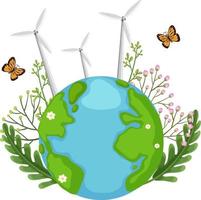 vindkraftverk på jorden med naturlöv och fjärilar vektor