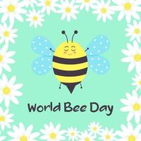 süße lächelnde Biene und Kamillenrahmen. Postkarte zum Weltbienentag. vektor