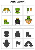 Finden Sie Schatten von niedlichen St. Patrick Day-Elementen. Karten für Kinder. vektor