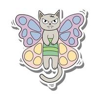 schwarze linie fantasy animal doodle handgezeichnete katze und schmetterling kombiniert fliegen. clipart kinderzimmerdekoration für kinder. vektorillustration von der phantasiekinderkunst. vektor