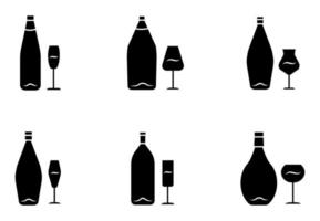 vin glyf ikoner set. flaska och vinglas. alkoholhaltig dryck. restaurangservice. glasvaror för rött, vitt, dessertvin och champagne. siluett symboler. vektor isolerade illustration