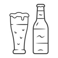 Bier lineares Symbol. entkorkte flasche und glas getränk. abgefülltes und gezapftes Lagerbier. alkoholisches Getränk. Brauen. Pint Bier. dünne Liniendarstellung. Kontursymbol. Vektor isoliert Umrisszeichnung