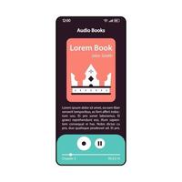 ljudboksspelare smartphone gränssnitt vektor mall. mobil ljudbok lyssna app sida svart design layout. lässkärm för e-böcker. elektroniska böcker bibliotek platt ui-applikation. telefonens display