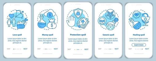 buchstabiert den Onboarding-Bildschirm der mobilen App-Seite mit linearen Konzepten. Liebe, Heilung, Schutz magische Walkthrough-Schritte grafische Anweisungen. hexerei ux, ui, gui-vektorvorlage mit illustrationen vektor