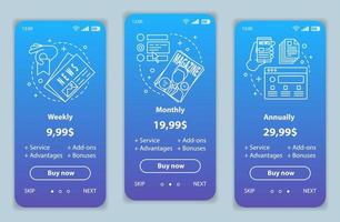 tidning, tidningsprenumeration onboarding mobilappskärmar med servicepriser. mallar för periodiska publikationer genomgång av webbplatssidor. tariffplaner steg. webbsidelayout för smartphone betalning vektor