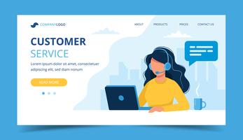 Kunden-Service-Landingpage. Frau mit Kopfhörern und Mikrofon mit Laptop. Konzeptabbildung für Kundenkontaktcenter. vektor