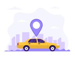 Taxibil med plats symbol och stad bakgrund - vektor illustration i platt stil, ikon, ring en taxi, teknik
