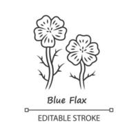 Lineares Symbol für blaue Flachspflanze. dünne Liniendarstellung. Leinen Wildblume mit Namensaufschrift. Frühlingsblüte. Blühender Linum-Wildblumenblütenstand. Vektor isoliert Umrisszeichnung. editierbarer Strich