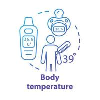 kroppstemperatur mäta prylar konceptikon. patient med feber idé tunn linje illustration. elektronisk termometer napp för barn. vektor isolerade konturritning. redigerbar linje