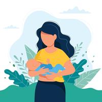 Amning illustration, mamma matar en baby med bröst på naturlig bakgrund. Concept illustration vektor