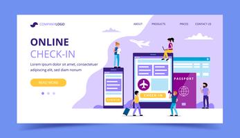 Online inchecknings målsida, konceptillustration med smartphone, surfplatta, boardingkort. Småpersoners tecken. vektor