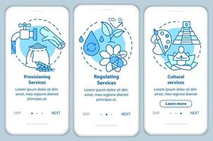 ekosystemtjänster blå onboarding mobil app sidskärm med linjära koncept. vattenresurser tillhandahållande genomgångssteg grafiska instruktioner. ux, ui, gui vektormall med illustrationer vektor