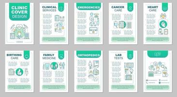 klinik broschyr mall layout. medicin och sjukvård. flygblad, häfte, broschyrtryckdesign med linjära illustrationer. vektor sidlayouter för tidskrifter, årsredovisningar, reklamaffischer