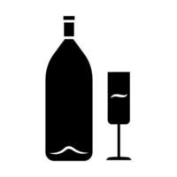 Wein-Glyphe-Symbol. Alkoholbar. Flasche und Weinglas. alkoholisches Getränk. Champagnerglas. Restaurantservice. Glaswaren für Flötenwein. Silhouettensymbol. negativer Raum. vektor isolierte illustration
