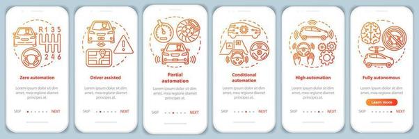 Fahrerloses Auto inszeniert das Onboarding auf dem Seitenbildschirm der mobilen App mit linearen Konzepten. Fahrzeugentwicklung Walkthrough Schritte grafische Anweisungen. ux, ui, gui-vektorvorlage mit illustrationen vektor