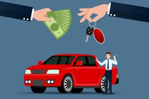 Bilhandlaren gör en utbyte, försäljning, hyra mellan en bil och kundens kreditkort. Vektor illustration design.