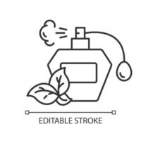 Parfümflasche lineares Symbol. Parabenfreier Duft. Duft auf botanischer Basis. hypoallergen. Bio-Kosmetik. dünne Liniendarstellung. Kontursymbol. Vektor isoliert Umrisszeichnung. editierbarer Strich