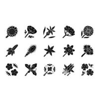 Wildblumen-Glyphen-Symbole gesetzt. Frühlingsblüte. Kalifornien Wildblumen. Garten blühende Pflanzen. Botanisches Bündel. Wiese, Feldblumen, Unkraut. Calflora. Silhouettensymbole. vektor isolierte illustration