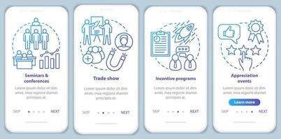 företagsevenemangshantering onboarding mobil app sidskärm med linjära koncept. seminarier, konferenser, incitamentsprogram, genomgångsinstruktioner för uppskattningsevenemang. ux, ui, gui vektor mall