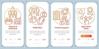 Corporate Event Management beim Onboarding mobiler App-Seitenbildschirm mit linearen Konzepten. Seminare, Konferenzen, Incentive-Programme, Anerkennungsveranstaltungen Walkthrough Anleitungen. ux, ui, gui-vektorvorlage vektor