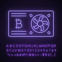 Symbol für Neonlicht der Bitcoin-Mining-Grafikkarte. Grafikkarte für Krypto-Geschäft. Kryptowährungs-GPU-Mining-Farm. leuchtendes zeichen mit alphabet, zahlen und symbolen. vektor isolierte illustration