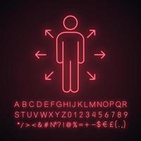 Neonlicht-Symbol für Entscheidungsmanagement. Schlüsselperson. Kommunikationskanäle. Führer. Berufschancen. Person mit Pfeilen. leuchtendes zeichen mit alphabet, zahlen. vektor isolierte illustration