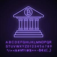Symbol für Bitcoin-Banking-Neonlicht. Kryptowährungsguthaben des Kontos. e-Zahlung. Online-Banking. leuchtendes zeichen mit alphabet, zahlen und symbolen. vektor isolierte illustration