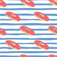 Rosa Donuts Silhouetten stilisiertes nahtloses Muster. abgestreifter Hintergrund mit weißen und blauen Linien. schmackhafter Druck. vektor