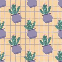 hand gezeichneter kaktus im nahtlosen muster des topfes auf streifenhintergrund. Zimmerpflanzen-Kakteen-Tapete. vektor