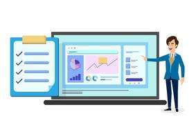 ung affärsman visar ett diagram på en datorskärm. urklippet visar valideringen av graferna, mannens hand pekar på en stor skärm. platt stil tecknad illustration vektor