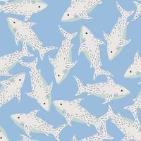 slumpmässiga sömlösa doodle mönster med vilda djur enkel prydnad. vita hajar på blå bakgrund. vektor
