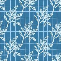 Stilisiertes, nahtloses Doodle-Muster mit umrissenen weißen Zweigen Silhouetten. hellblauer Hintergrund mit Karo. vektor