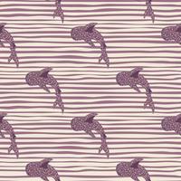nahtloses Doodle-Muster der Unterwasserwelt mit lila Cartoon-Walhaien. Tierdruck mit gestreiftem Hintergrund. vektor