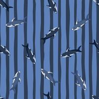 hand gezeichnetes zufälliges nahtloses muster mit dekorativer haifischverzierung. blau gestreifter Hintergrund. Aqua-Kunstwerk. vektor
