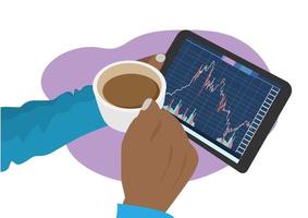 Investor, der die Veränderung des Aktienmarktes auf dem Tablet beobachtet. Cartoon-Illustrationsvektor im flachen Stil vektor