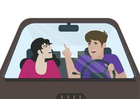 Zwei glückliche junge Leute sitzen in einem Auto, ein Mann fährt und eine Frau sitzt auf dem Beifahrersitz. Ehemann und Ehefrau. Vektorillustration im Cartoon-Stil.