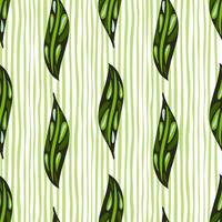 Hellgrüne abstrakte Blätter Silhouetten Ornament nahtloses Muster. hellgrüner und weißer gestreifter Hintergrund. vektor