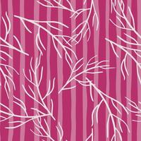 helles nahtloses muster der natur mit weißen zufälligen zweigformen drucken. rosa gestreifter hintergrund. Doodle-Hintergrund. vektor