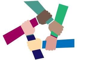Einheit, Händchen haltend, bildet einen Kreis ethnischer Vielfalt. Vektor verschiedene Gruppen von Menschen, die sich an den Händen halten, Unterstützung und Partnerschaft, Zusammenarbeit, Freundschaft im sozialen Aktivismus.