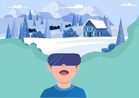 Vr-Technologie stereoskopischer Vektorjunge mit vr-Kopfhörer, der in den virtuellen Konzepten des schneebedeckten Landes für Bildung und Spiele reist vektor