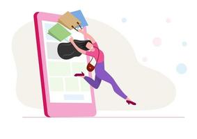 Online-Shopping mit dem Smartphone Das Mädchen freute sich, im Internet-Shop online einkaufen zu können. vektor