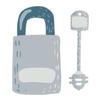Kit-Schlüssel und Schloss isoliert auf weißem Hintergrund. blaue Farbe des abstrakten Elements für Tür im Gekritzel. vektor