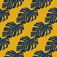 abstrakt doodle seamless mönster med marinblå monstera silhuetter och ljus gul bakgrund. vektor
