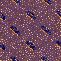 marinblå och orange färgade donerar silhuetter seamless mönster. doodle söt snabbmat prydnad på lila prickig bakgrund. vektor