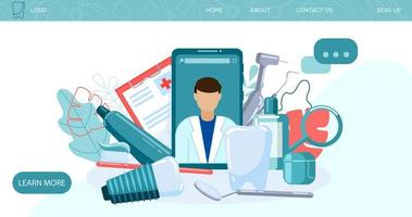 Zahnpflege-Webdesign-Konzept. Zahnmedizin-Banner. Landing-Webseite für Zahnarztwerkzeuge vektor