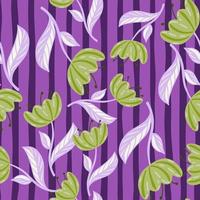 dekorative grüne zufällige mohnblumen drucken nahtloses muster. lila gestreifter hintergrund. Doodle-Stil. vektor
