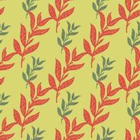 Rote und grüne abstrakte Blätter verzweigen sich nahtloses botanisches Muster auf gelbem Hintergrund. vektor