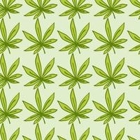 sömlösa doodle mönster med gröna cannabisblad. blommönster med grön drogprydnad och pastellfärgad ljus bakgrund. vektor