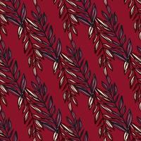 Blumengekritzel nahtloses Muster mit Zweigen konturierten Silhouetten. Kastanienbrauner Hintergrund mit roten und blauen Gliederungselementen. vektor