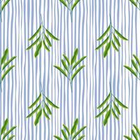 botanisches nahtloses muster mit einfachen grünen minimalistischen blattzweigen. blau-weiß gestreifter Hintergrund. vektor